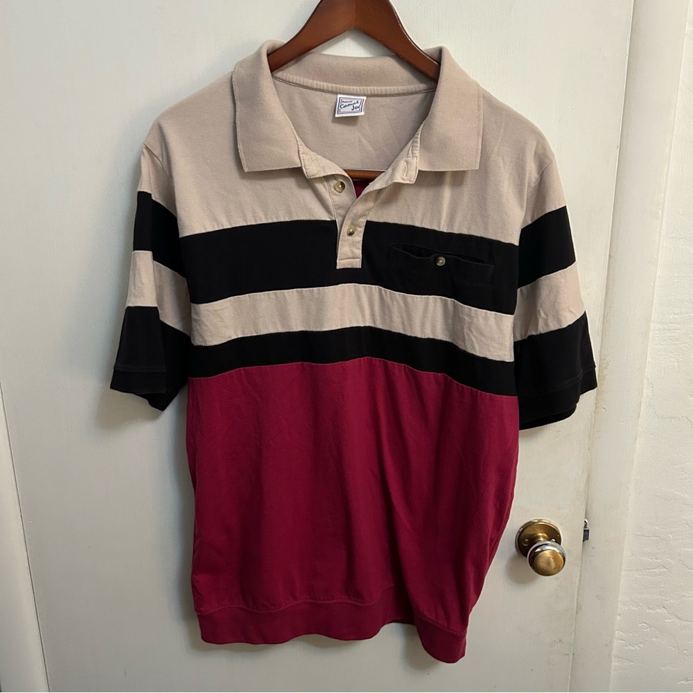 Haband Casual Joe Long Polo Shirt Mens M Dark Pink Black & Tan Stripes Vintage
